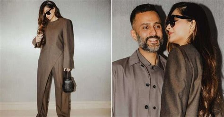 Sonam Kapoor slays in an asymmetrical formal attire as she poses with Anand Ahuja